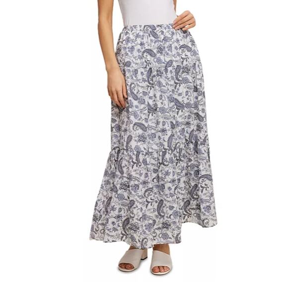 SINGLE THREAD WOMENS XLARGE TIERED FLORAL PRINTED GAUZE MAXI SKIRT BLUE WHITE - Picture 1 of 14